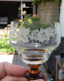 Schott Zwiesel crystal roemer glass with amber trumpet stem etched vines