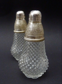 Vintage pressed glass hobnail salt and pepper shakers with silver plated cap