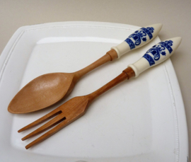 Vintage blle white ceramic and wood salad server set