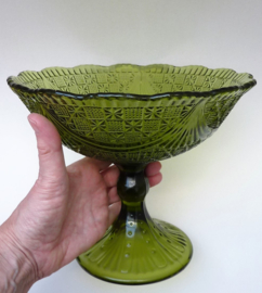 Antique olive green pressed glass pedestal bowl