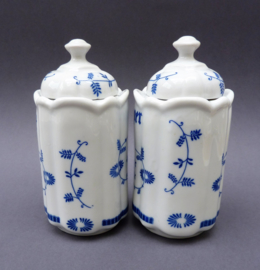 Vintage blue and white Strawflower porcelain salt and pepper canisters
