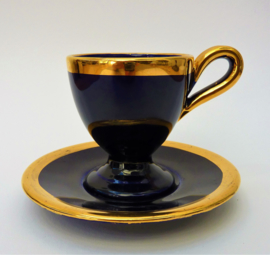 Vallauris cobalt blue and gold cup with saucer