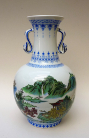 Chinese Mid Century porcelain vase landscape and calligraphy