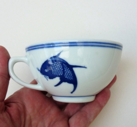 Chinese blue white Koi carp cup with saucer