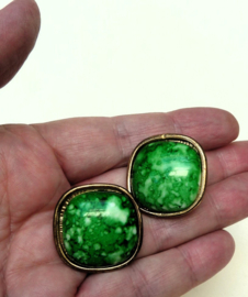 Mid Century gold tone earrings with green stone