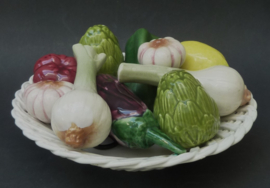 Italian ceramic wicker basket with decorative vegetables