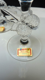 A pair of lead crystal raspberry liqueur flute glasses