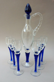 Murano liqueur decanter and glasses with blue twisted stem