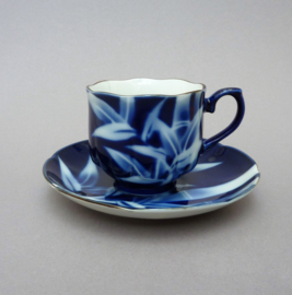 KT Japan spray painted cobalt blue cup with saucer bamboo pattern