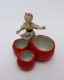 Antique German bisque porcelain girl figurine condiment set