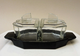 Art Deco driedelig transparant zwart glazen zuurstel