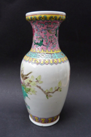 Chinese porcelain vase blossom bird calligraphy Cultural Revolution