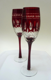 A pair of Bohemian ruby cut to clear champagne flute glasses