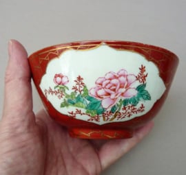 Chinese 1950 red porcelain bowl and spoon pink blossom and calligraphy