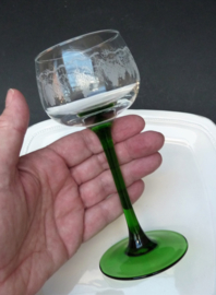 Luminarc Emerald green stem white wine glass etched vines