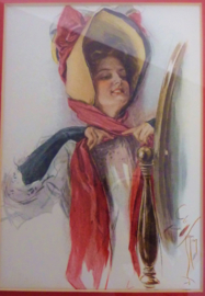 Harrison Fisher Art Nouveau print woman with hat and red scarf