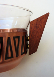 Modernist tea glasses in copper and teak holder