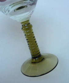 Crystal Art Deco roemer wine glasses with green ribbed stem