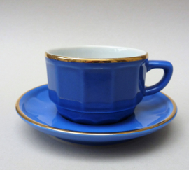 Apilco bistroware porseleinen cappuccino kop en schotel blauw met goud