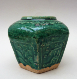 Vintage Chinese hexagonal green glazed Shiwan ware ginger jar