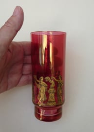 Mid Century red longdrink glasses with gold Roman print