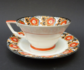 English Art Deco hand painted Clarice Cliff style cup with saucer