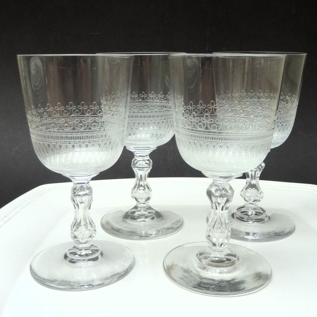 Etched crystal wine glasses 19th century