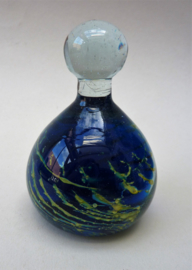 Art Glass paper weight in blue and yellow with transparant knob