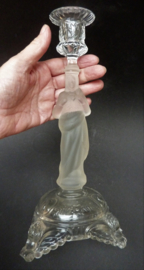 Val St Lambert pressed glass candlestick with religious figure