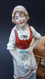 Antique German porcelain figural tobacco jar Bavarian woman mountain cabin