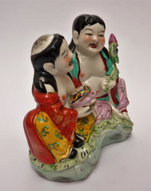 Chinese 1960 Famille Rose porcelain sculpture HeHe twins