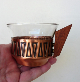 Modernist tea glasses in copper and teak holder