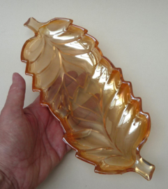 Marigold Carnival pressed glass leaf shaped dish