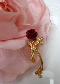 Mid Century gold plated brooch enameled rose