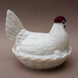 Vallerysthal antique opaline milk glass hen on nest butter dish