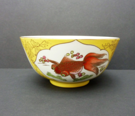 Chinese yellow bowl and spoon Koi carp and calligraphy