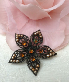 Filigree Flower brooch with faux pearls and rhinestones