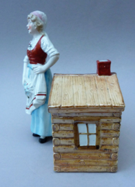 Antique German porcelain figural tobacco jar Bavarian woman mountain cabin