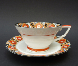 English Art Deco hand painted Clarice Cliff style cup with saucer
