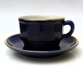 Apilco cappuccino cup with saucer cobalt blue with gold
