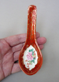 Chinese 1950 red porcelain bowl and spoon pink blossom and calligraphy