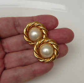 Marvella gold tone cabochon faux pearl pierced earrings