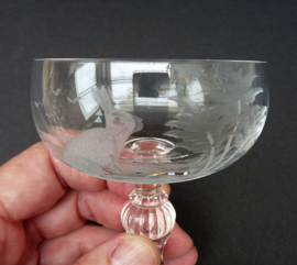 Crystal liqueur coupe glass with etched hunting scene Klingenbrunn Kristallglas - set of seven
