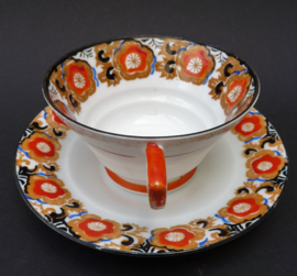 English Art Deco hand painted Clarice Cliff style cup with saucer