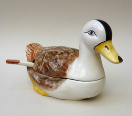 Portugese barbotine potttery duck tureen with ladle