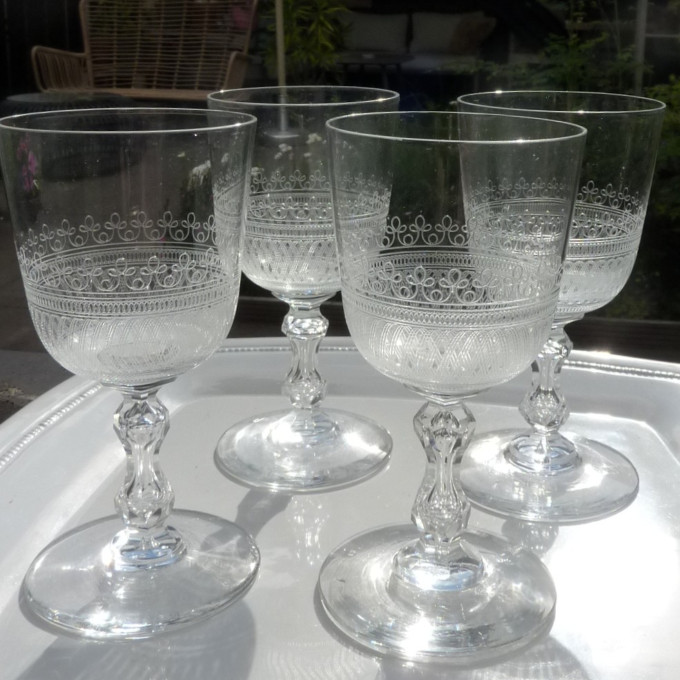 Etched crystal wine glasses 19th century