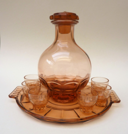 French Art Deco salmon pink pressed glass liqueur decanter set