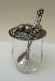 French glass jam jar with pewter lid and spoon