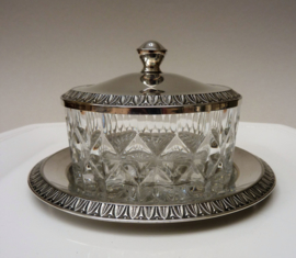 Art Deco Palmetto silver plated and pressed glass butter dish