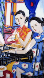 Red tray with ceramic tile Mahjong playing ladies
